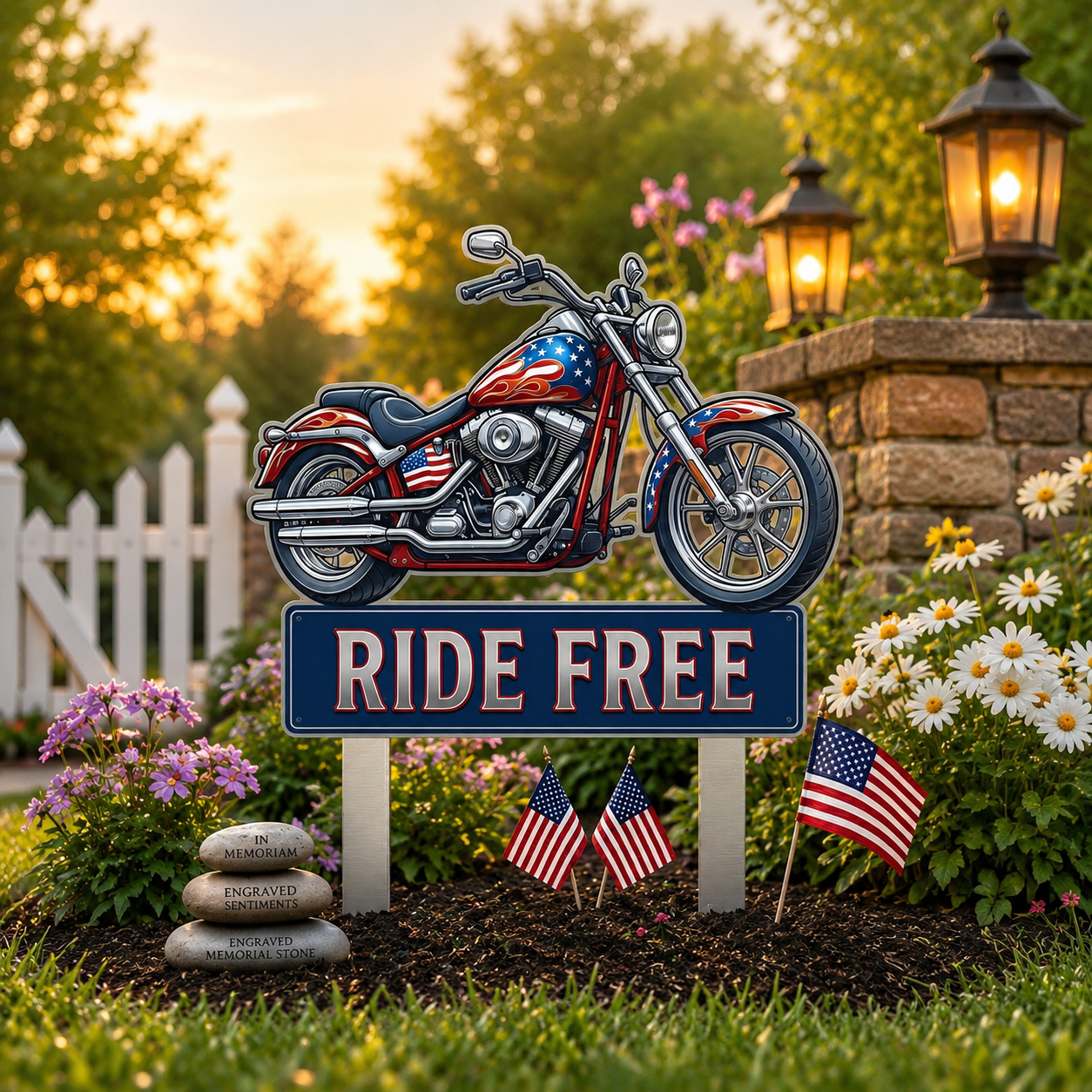 Motorcycle Patriotic Ride Free Metal Garden Stake