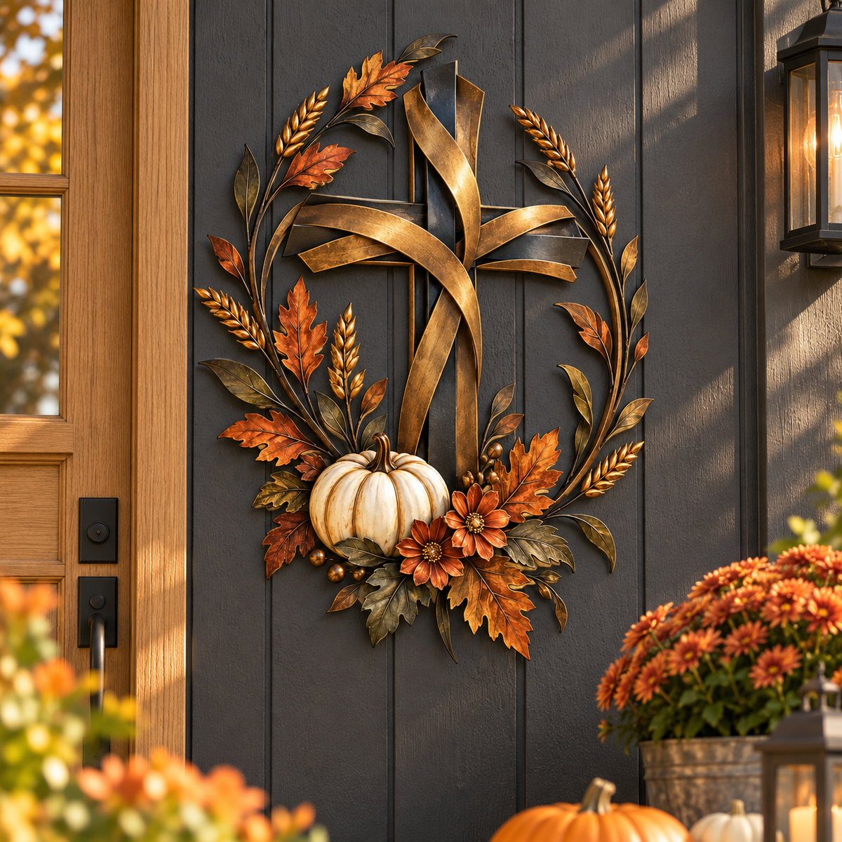 βοΈπ Autumn Cross & Pumpkin Harvest Metal Wall Decor