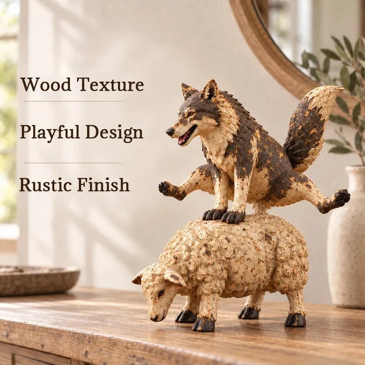 Rustic Woodland Figurine – Wolf and Sheep Decorative Sculpture