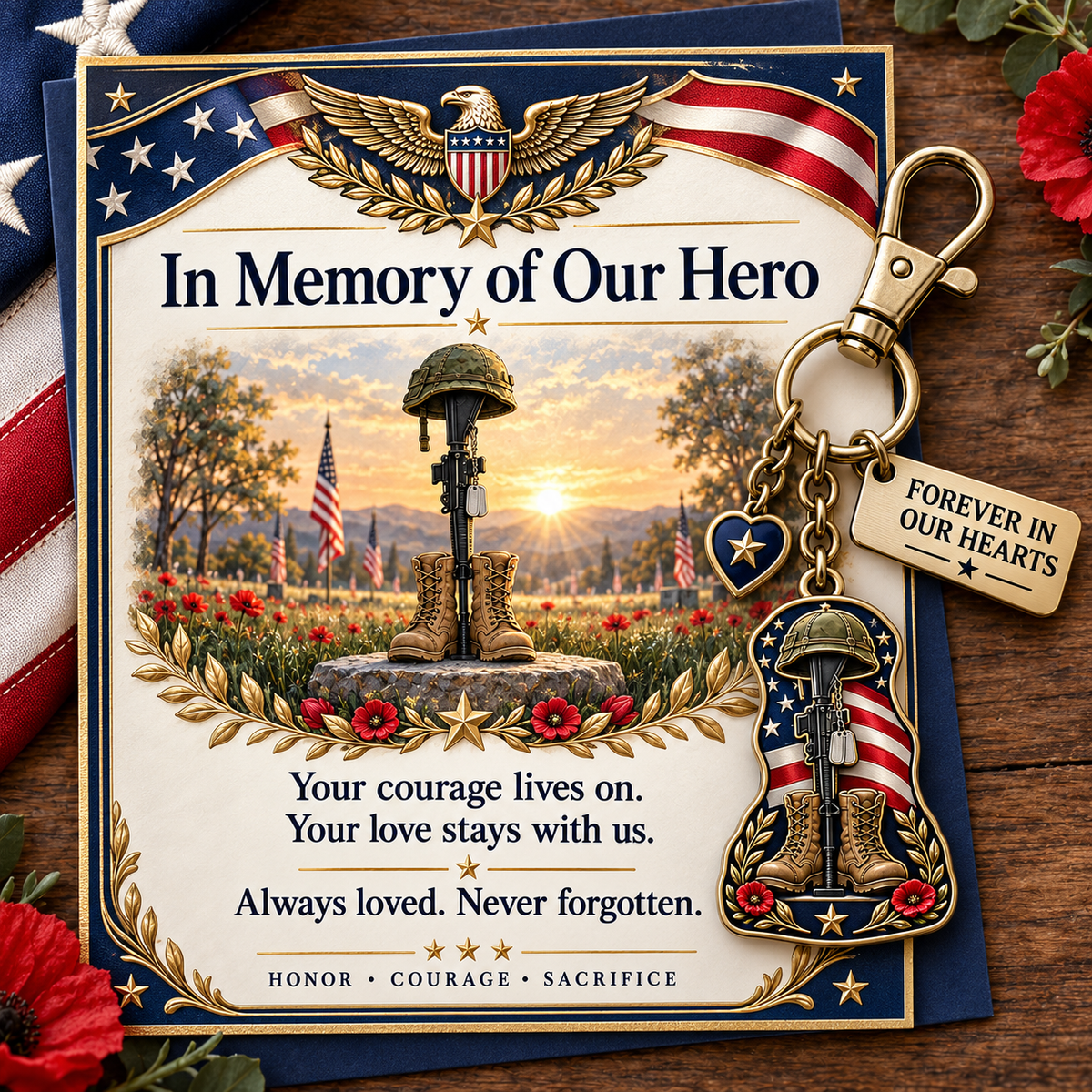 🇺🇸 "In Memory of Our Hero" Memorial Keychain & Keepsake Card Set | Military Remembrance Gift