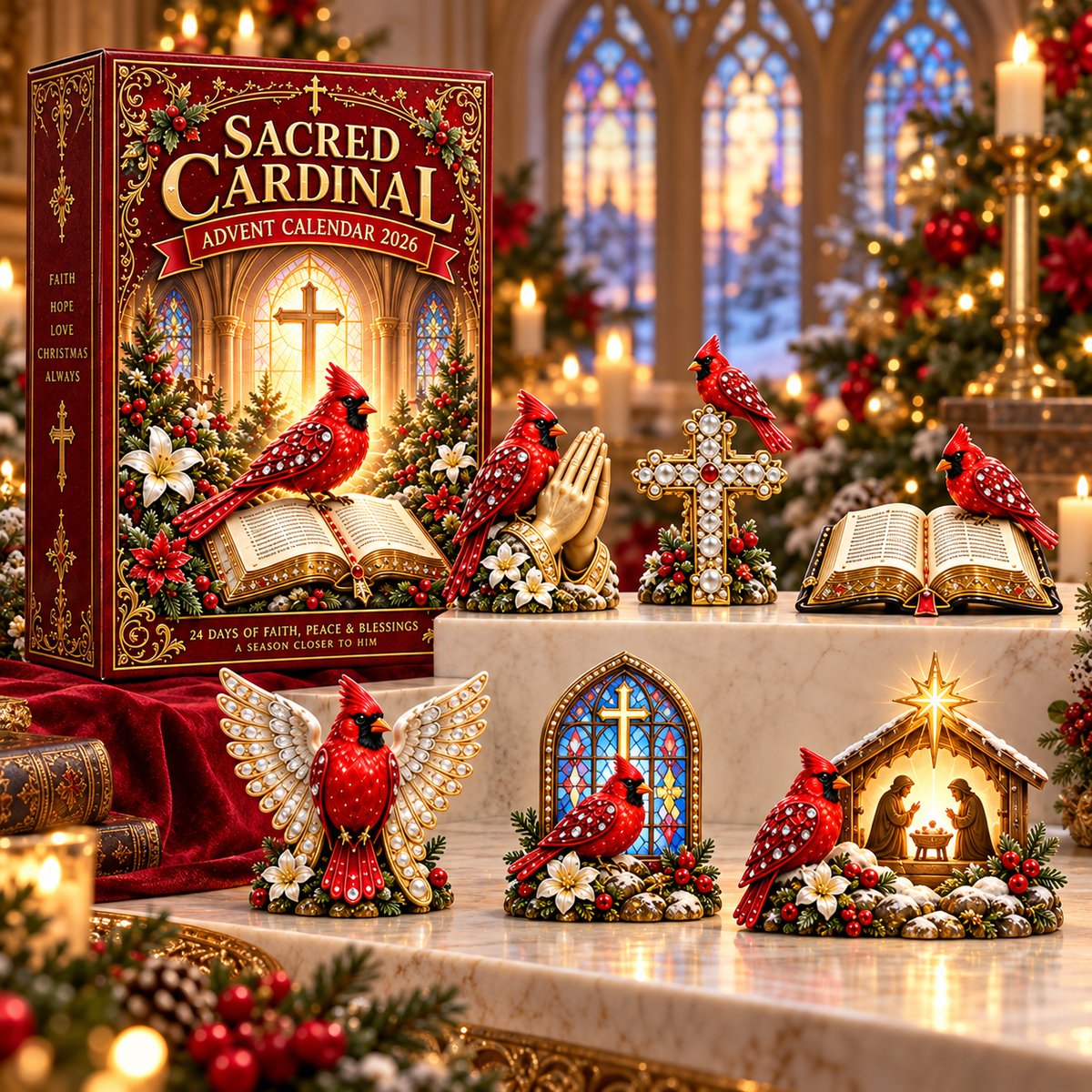 🔥Sacred Cardinal Advent Calendar 2026 – 24 Christian Keepsake Figurines of Faith, Hope & Christmas Blessings.