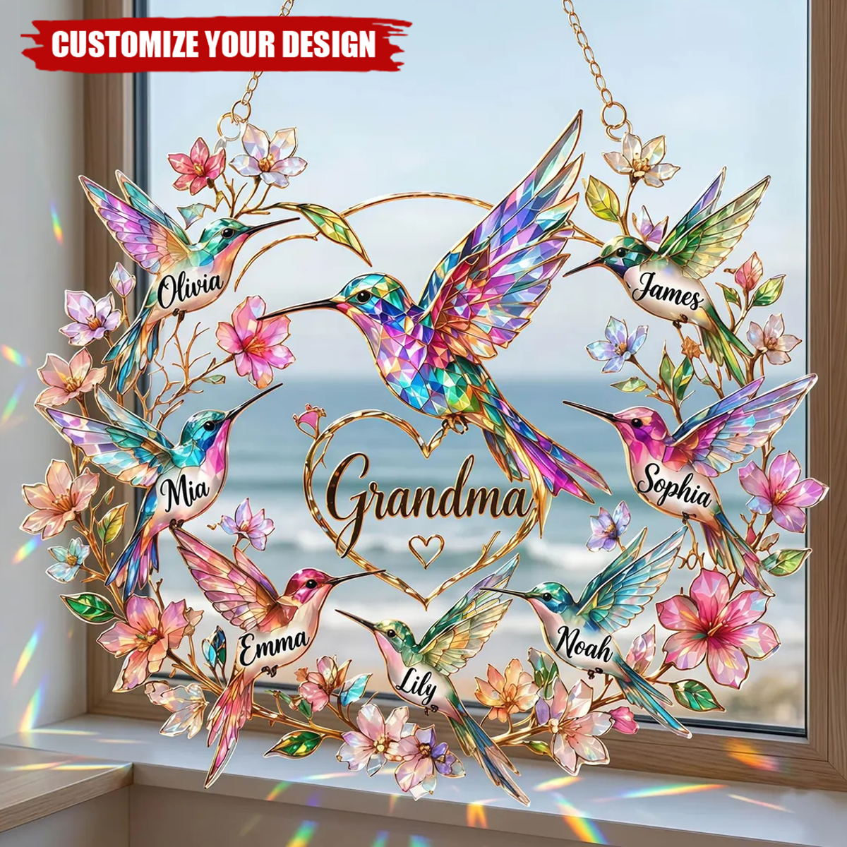 Personalized Hummingbird Grandma Suncatcher, Custom Family Name Gift