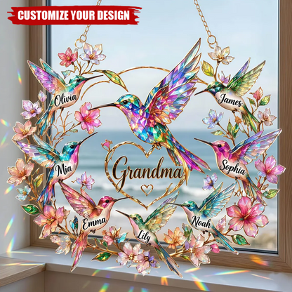 Personalized Hummingbird Grandma Suncatcher, Custom Family Name Gift