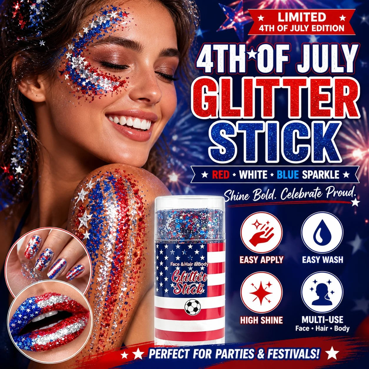 🦅4th of July Glitter Stick✨🔔Red, White & Blue Body & Hair Sparkle