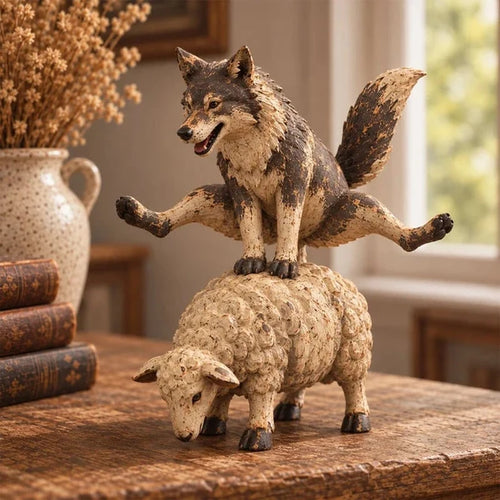 Rustic Woodland Figurine – Wolf and Sheep Decorative Sculpture