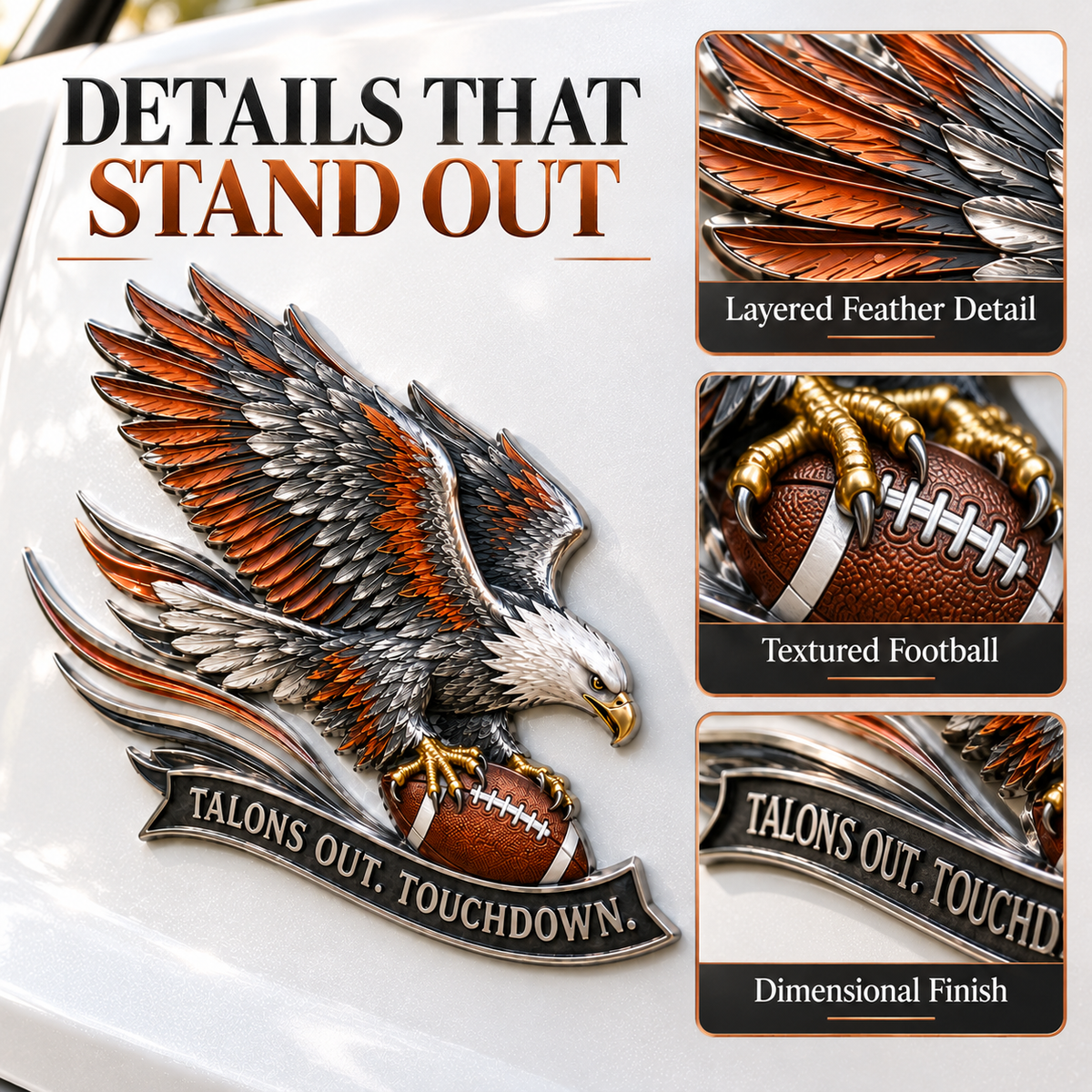 🔥Hot Sale🔥 - 🦅 "Talons Out. Touchdown!" Premium Metal Eagle Car Emblem 5.9“*5.9” | The Ultimate Football Fan Decal