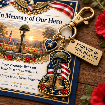 🇺🇸 "In Memory of Our Hero" Memorial Keychain & Keepsake Card Set | Military Remembrance Gift