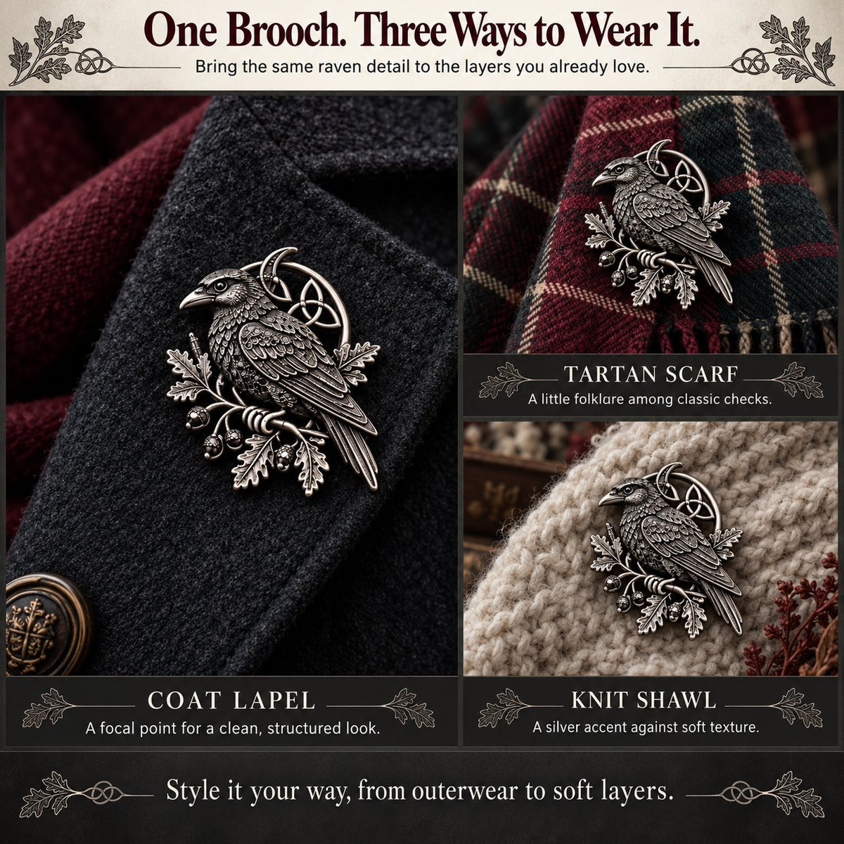 🔥Hot Sale🔥 - 🐦‍⬛ Gothic Celtic Raven Brooch – Dark Academia Statement Pin