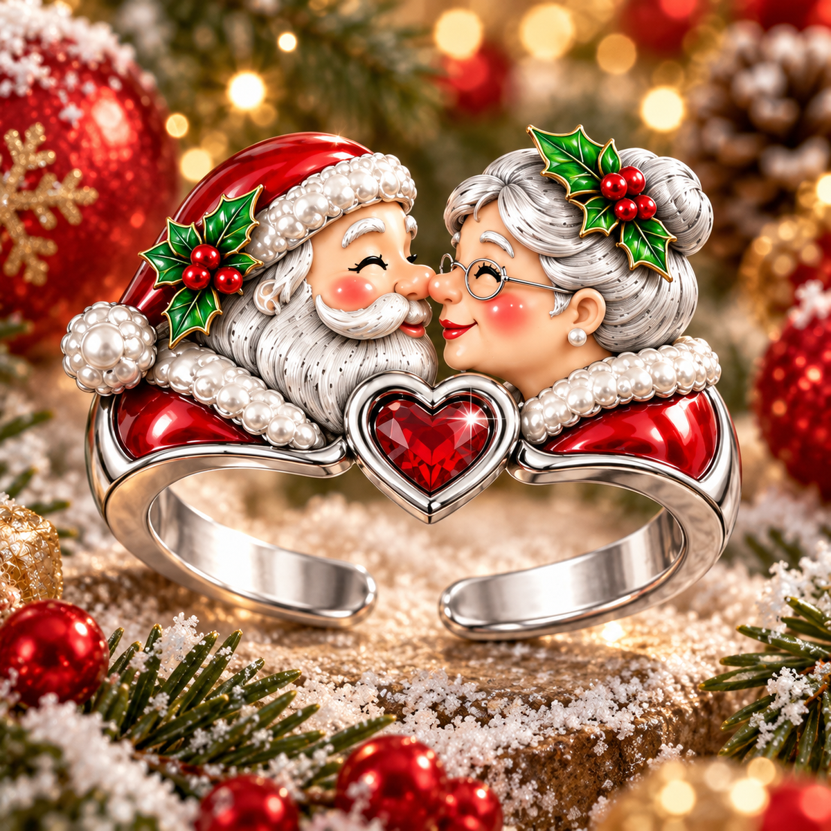 A Christmas Love Story – Santa & Mrs. Claus Adjustable Heart Ring with Romantic Message Card | Christmas Gift for Wife