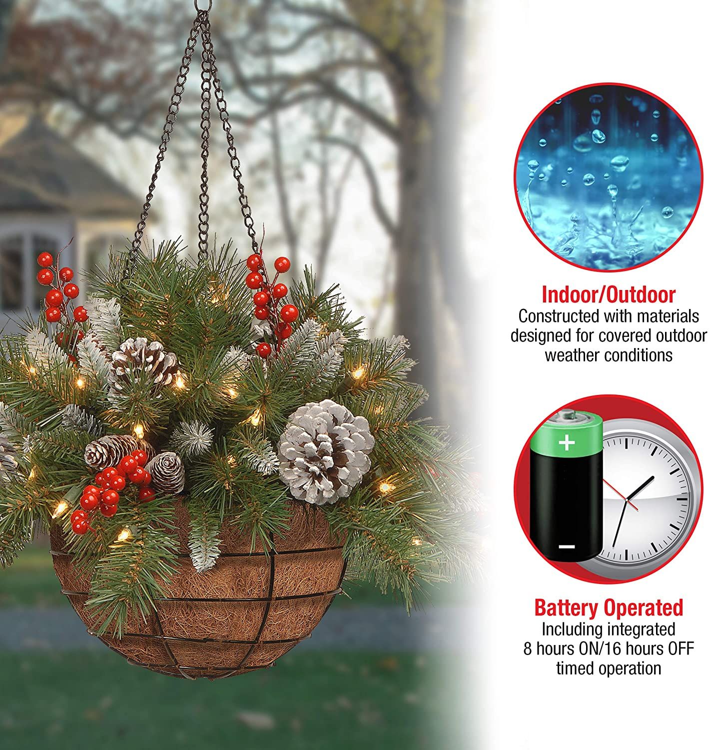 🎄Christmas Hanging Basket - Flocked with Mixed Decorations and White LED Lights - Frosted Berry