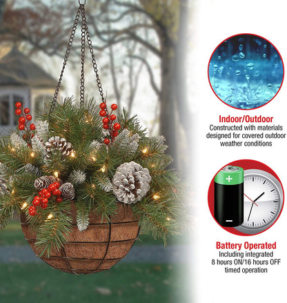 🎄Christmas Hanging Basket - Flocked with Mixed Decorations and White LED Lights - Frosted Berry