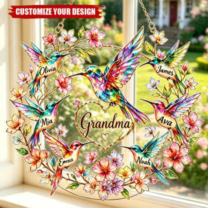 Personalized Hummingbird Grandma Suncatcher, Custom Family Name Gift