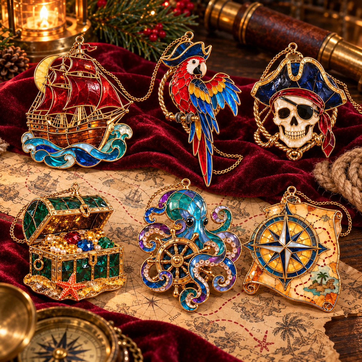 🔥Hot Sale🔥 - Pirate Adventures – Vintage Stained Glass-Style Christmas Ornaments, Set of 6
