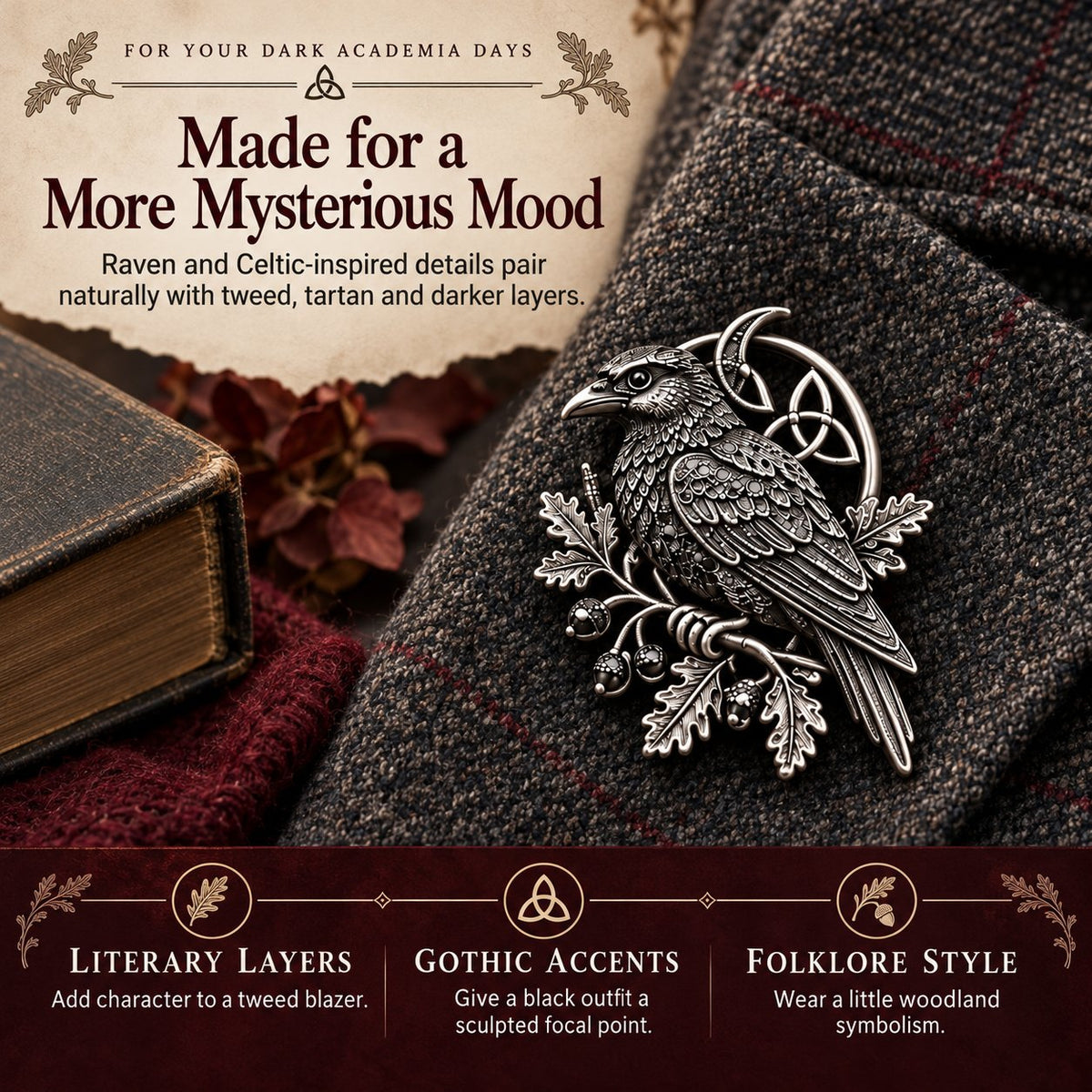 🔥Hot Sale🔥 - 🐦‍⬛ Gothic Celtic Raven Brooch – Dark Academia Statement Pin