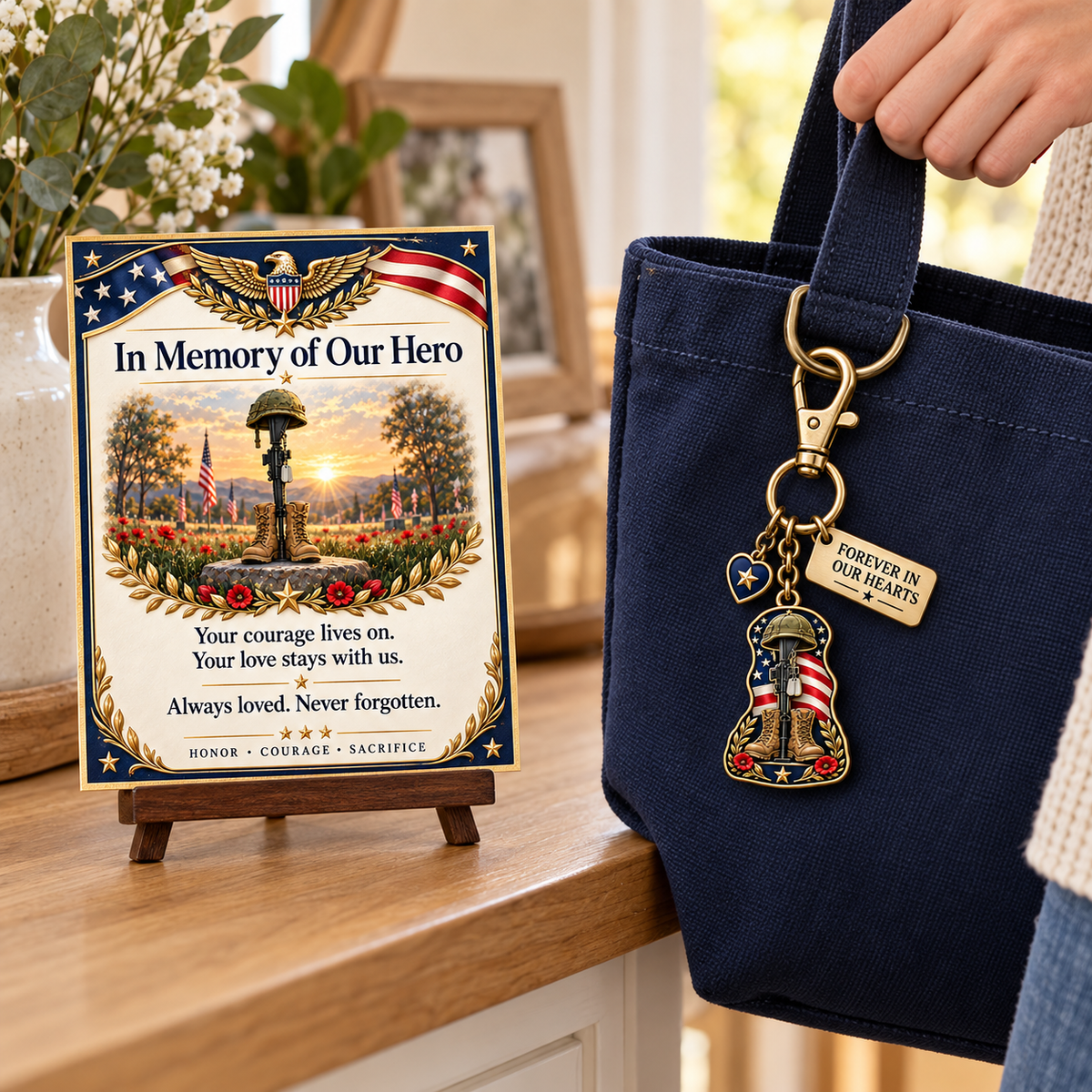 🇺🇸 "In Memory of Our Hero" Memorial Keychain & Keepsake Card Set | Military Remembrance Gift