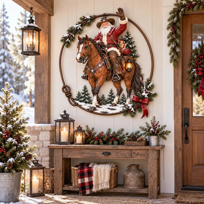 🔥Hot Sale🔥 - 🤠🐎 Cowboy Santa Ranch Christmas Wall Art – Rustic Horse & Lasso Holiday Accent