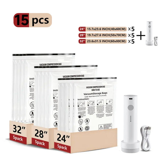 Cordless Travel Vacuum Storage Compression Bag Set – 15-Pack in 3 Sizes – USB Rechargeable Handheld Pump