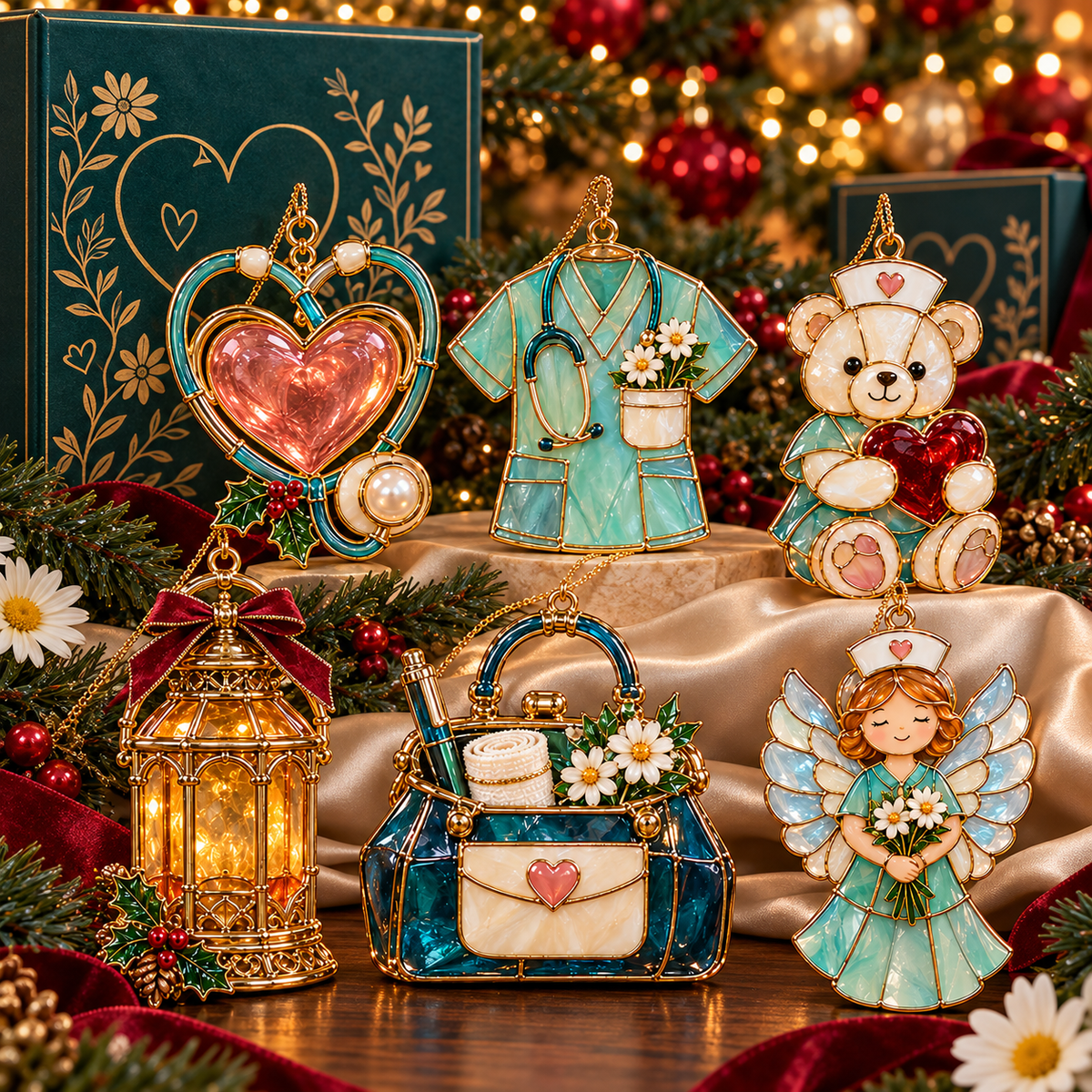 ✨ 2026 Nurse Appreciation Stained Glass Christmas Ornaments – Set of 6