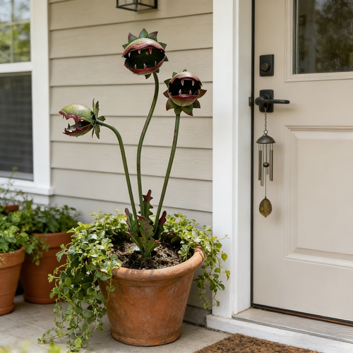 Whimsical Metal Carnivorous Plant Garden Stake