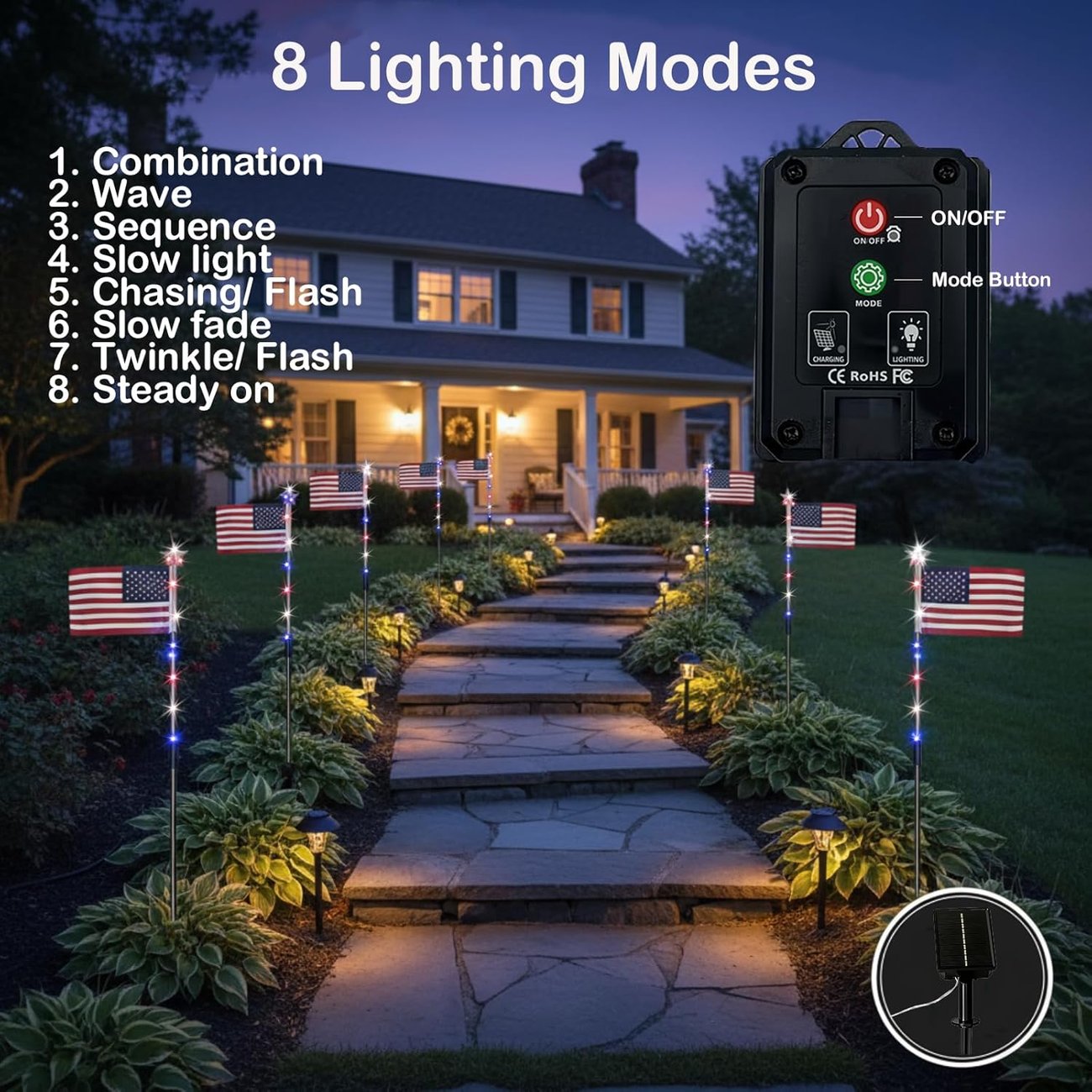 8 Solar American Flag Pathway Lights – Red, White & Blue Yard Glow for 250th Independence Celebration 🇺🇸