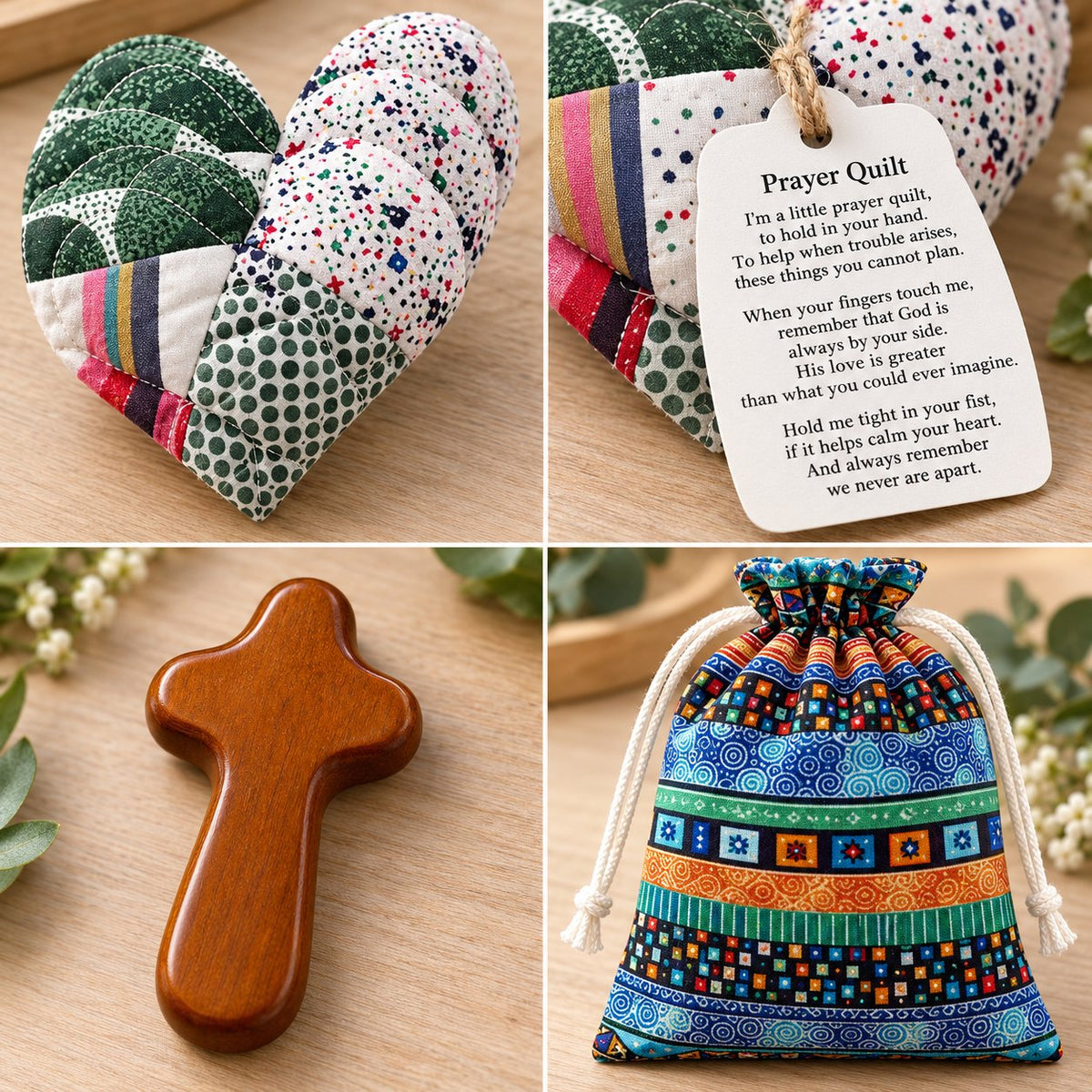 Pocket Prayer Quilt Set | Mini Handmade Prayer Blankets with Cross & Drawstring Bag Christian Gifts ✝️