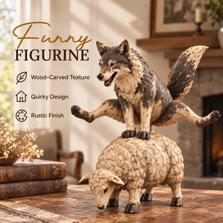 Rustic Woodland Figurine – Wolf and Sheep Decorative Sculpture