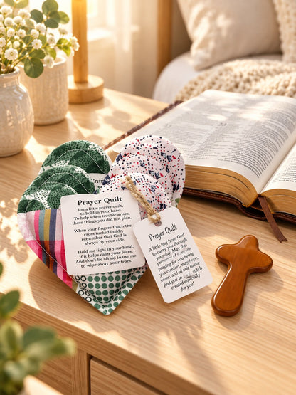 Pocket Prayer Quilt Set | Mini Handmade Prayer Blankets with Cross & Drawstring Bag Christian Gifts ✝️