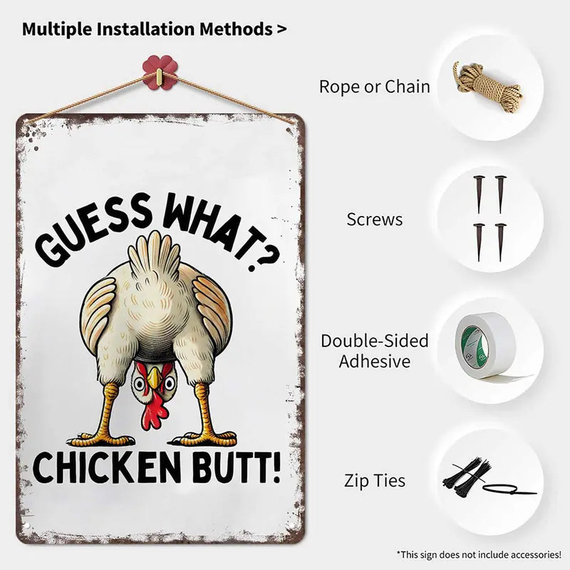Guess What? Chicken Butt! Funny Retro Metal Sign - Farmhouse & Humor Wall Decor for Chicken Lovers
