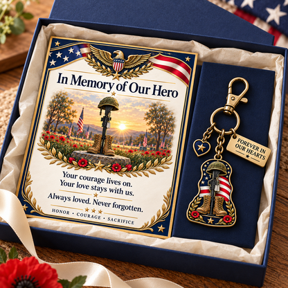 🇺🇸 "In Memory of Our Hero" Memorial Keychain & Keepsake Card Set | Military Remembrance Gift