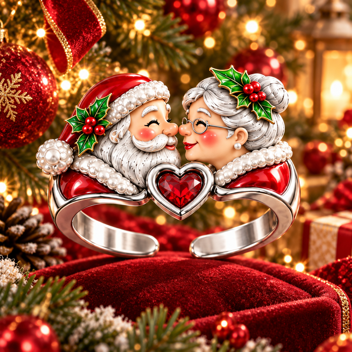 A Christmas Love Story – Santa & Mrs. Claus Adjustable Heart Ring with Romantic Message Card | Christmas Gift for Wife
