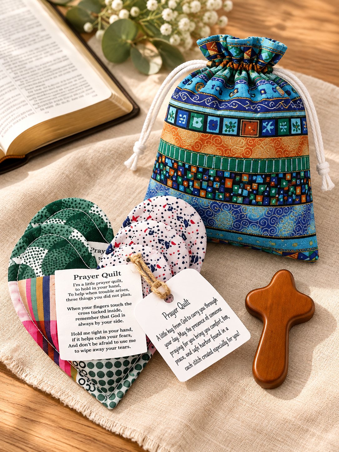 Pocket Prayer Quilt Set | Mini Handmade Prayer Blankets with Cross & Drawstring Bag Christian Gifts ✝️