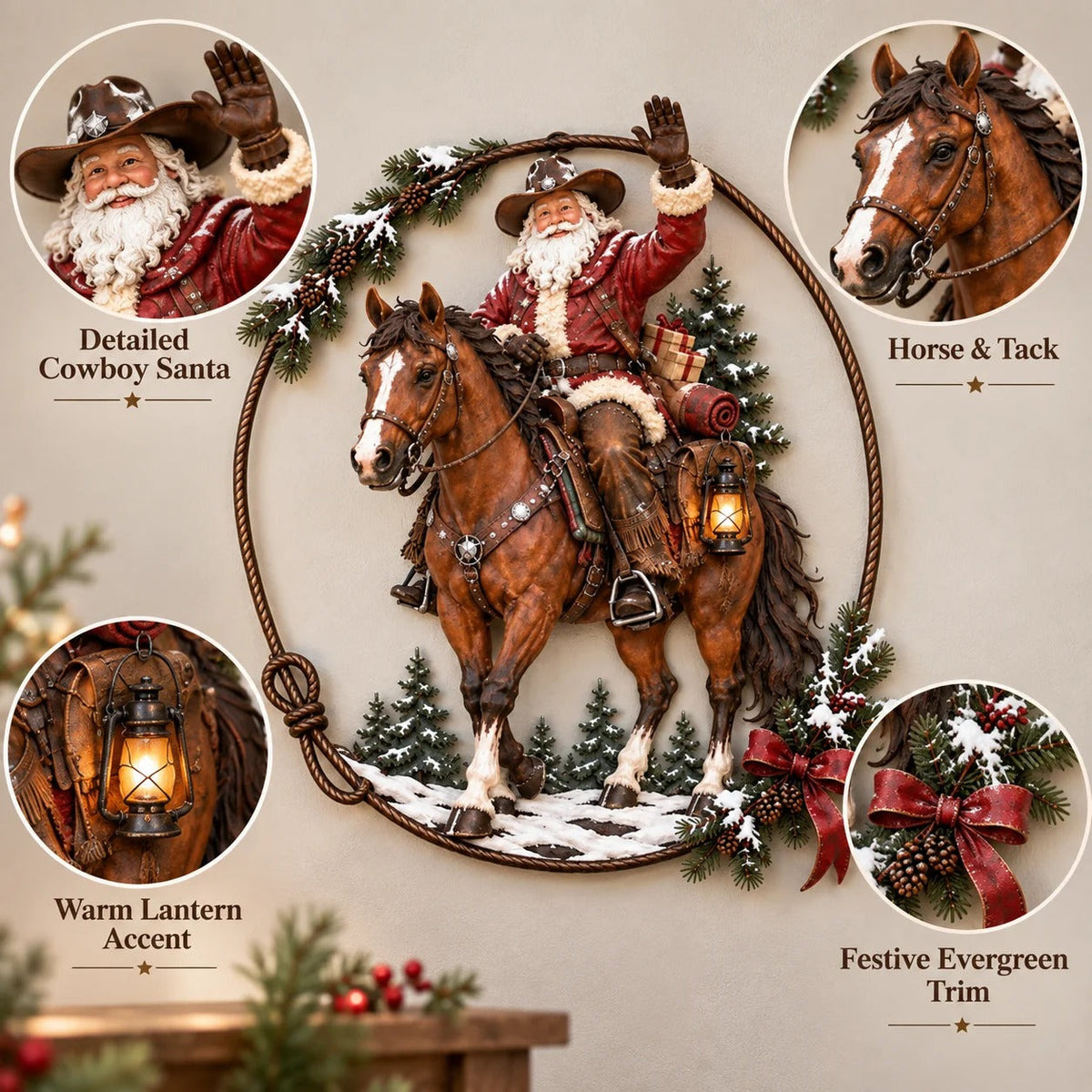 🔥Hot Sale🔥 - 🤠🐎 Cowboy Santa Ranch Christmas Wall Art – Rustic Horse & Lasso Holiday Accent