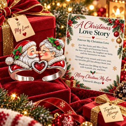 A Christmas Love Story – Santa & Mrs. Claus Adjustable Heart Ring with Romantic Message Card | Christmas Gift for Wife