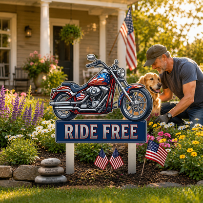 Motorcycle Patriotic Ride Free  Metal Garden Stake