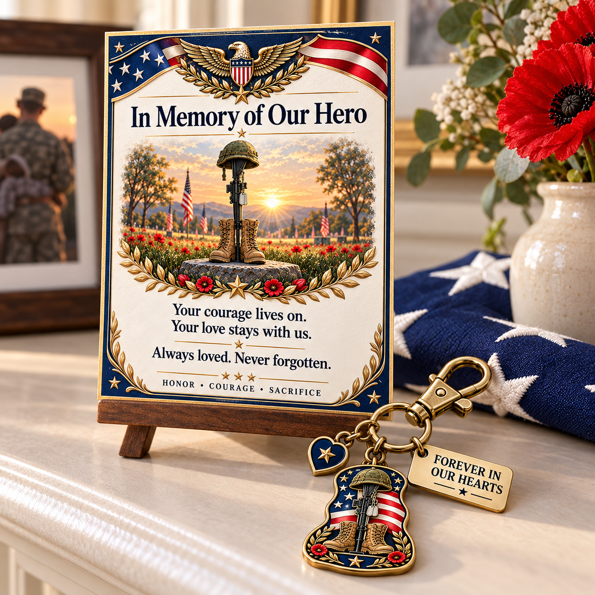 🇺🇸 "In Memory of Our Hero" Memorial Keychain & Keepsake Card Set | Military Remembrance Gift