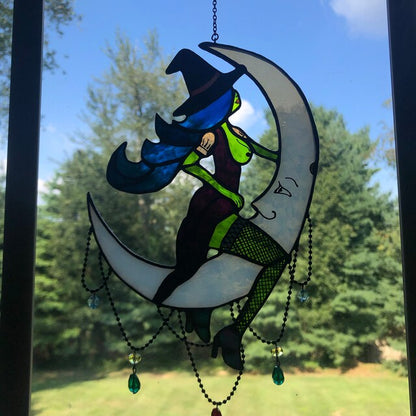 🌙Witch on Moon - Unique Stained Glass Halloween Home Decor✨