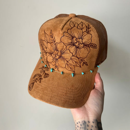 Flower Patch Burned Suede Trucker Hat with Dainty Turquoise Stone Chain