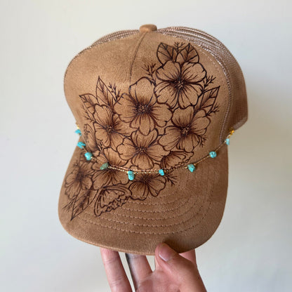 Flower Patch Burned Suede Trucker Hat with Dainty Turquoise Stone Chain