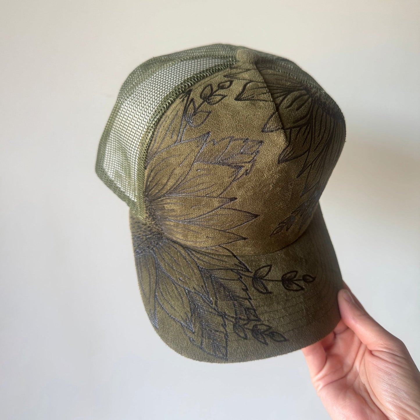 Flower Patch Burned Suede Trucker Hat with Dainty Turquoise Stone Chain