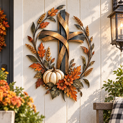 ✝️🎃 Autumn Cross & Pumpkin Harvest Metal Wall Decor
