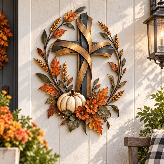 ✝️🎃 Autumn Cross & Pumpkin Harvest Metal Wall Decor