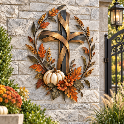 ✝️🎃 Autumn Cross & Pumpkin Harvest Metal Wall Decor
