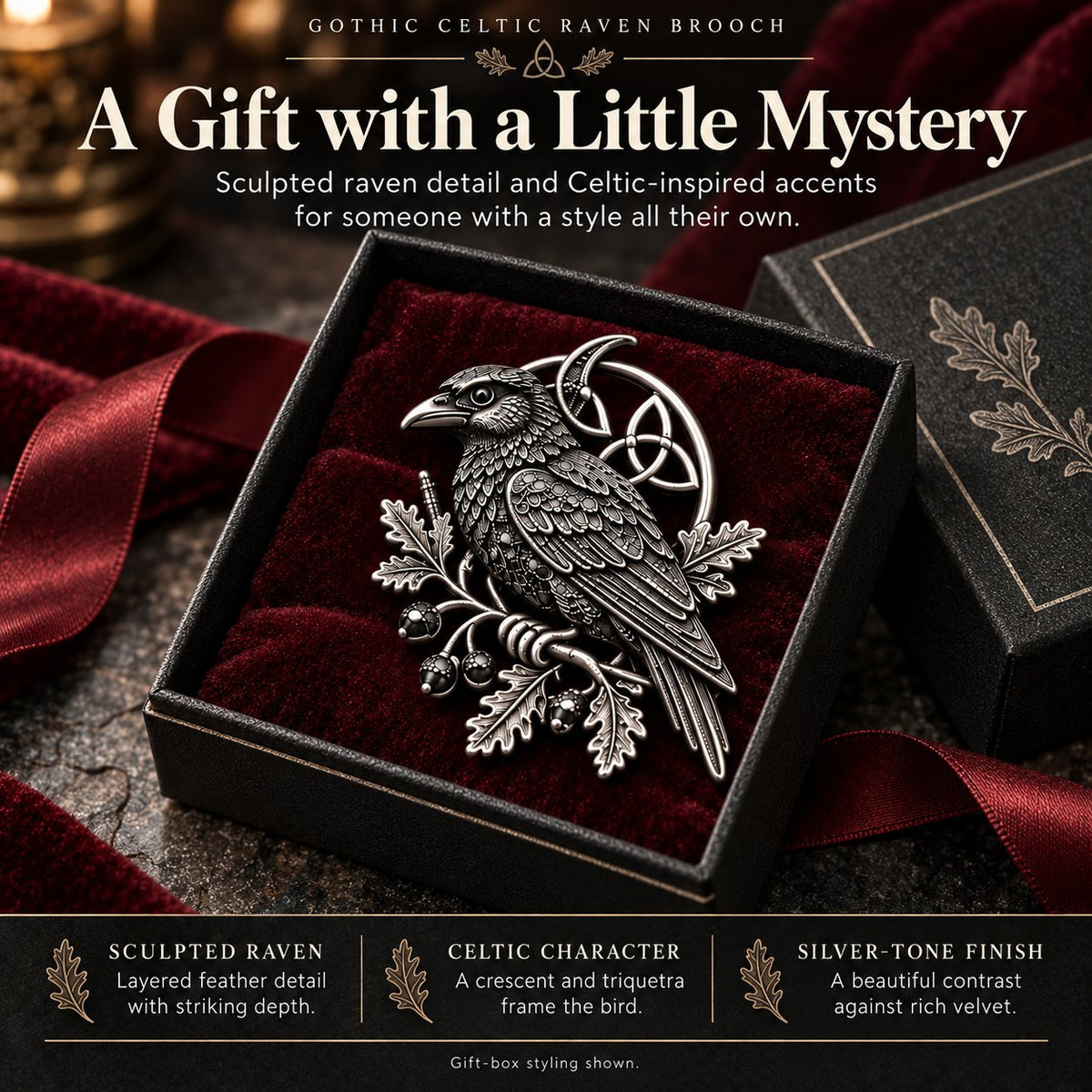 🔥Hot Sale🔥 - 🐦‍⬛ Gothic Celtic Raven Brooch – Dark Academia Statement Pin