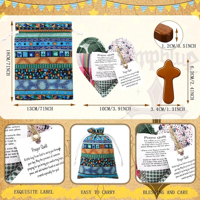 Pocket Prayer Quilt Set | Mini Handmade Prayer Blankets with Cross & Drawstring Bag Christian Gifts ✝️