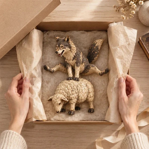 Rustic Woodland Figurine – Wolf and Sheep Decorative Sculpture