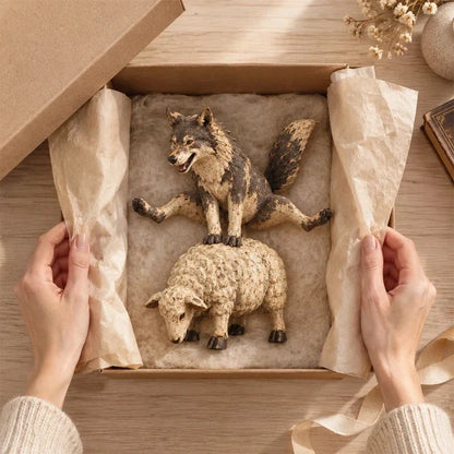 Rustic Woodland Figurine – Wolf and Sheep Decorative Sculpture
