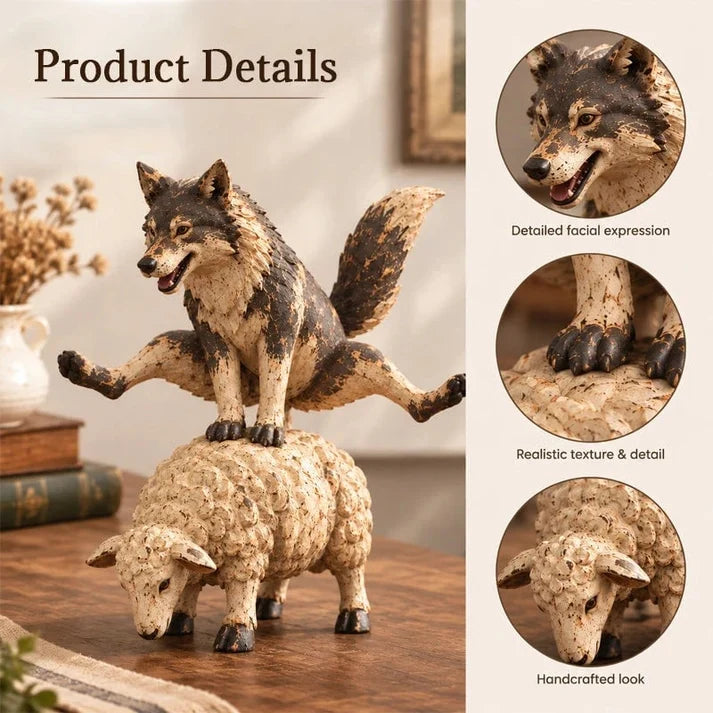 Rustic Woodland Figurine – Wolf and Sheep Decorative Sculpture