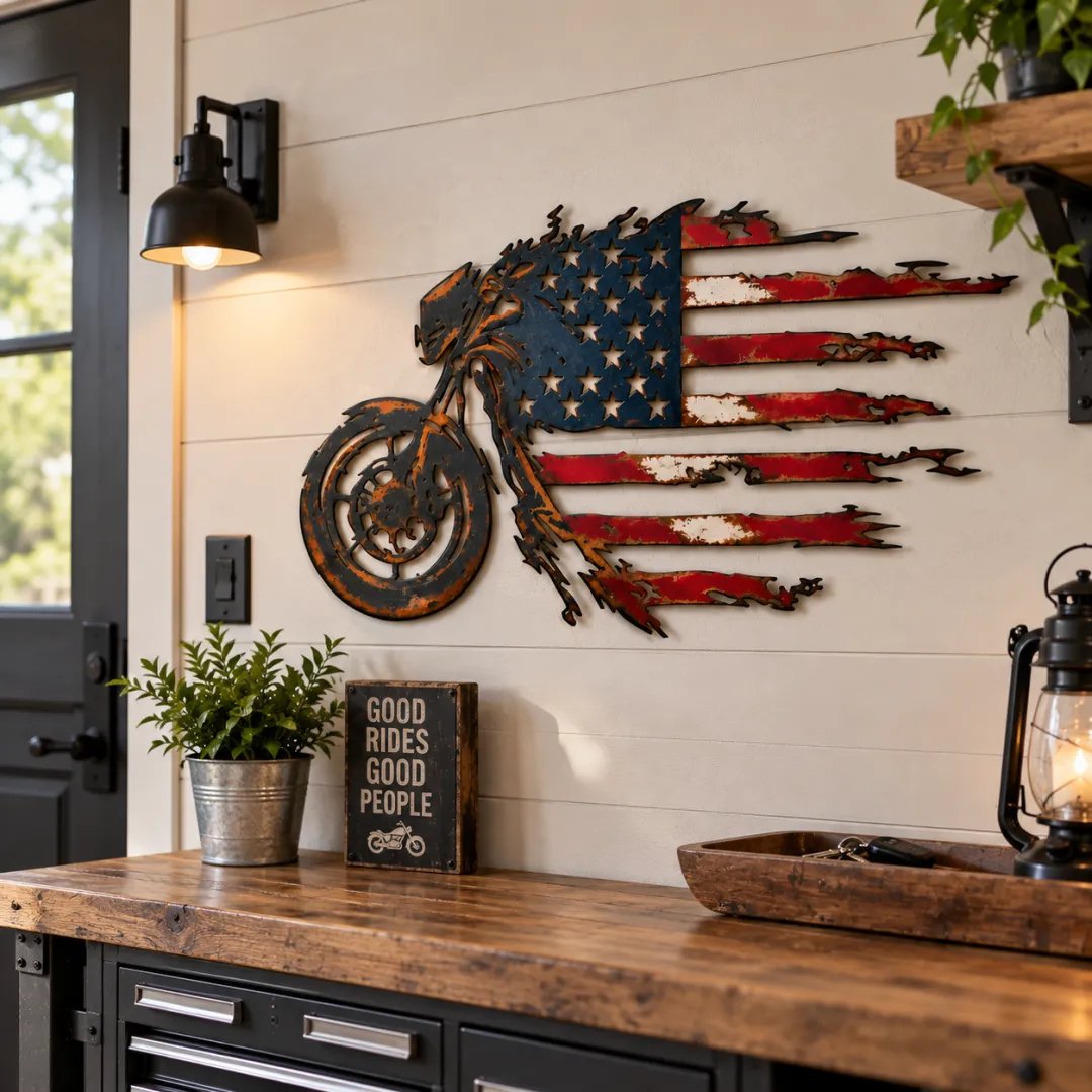🔥Hot Sale🔥 - Patriotic Motorcycle American Flag Metal Wall Art