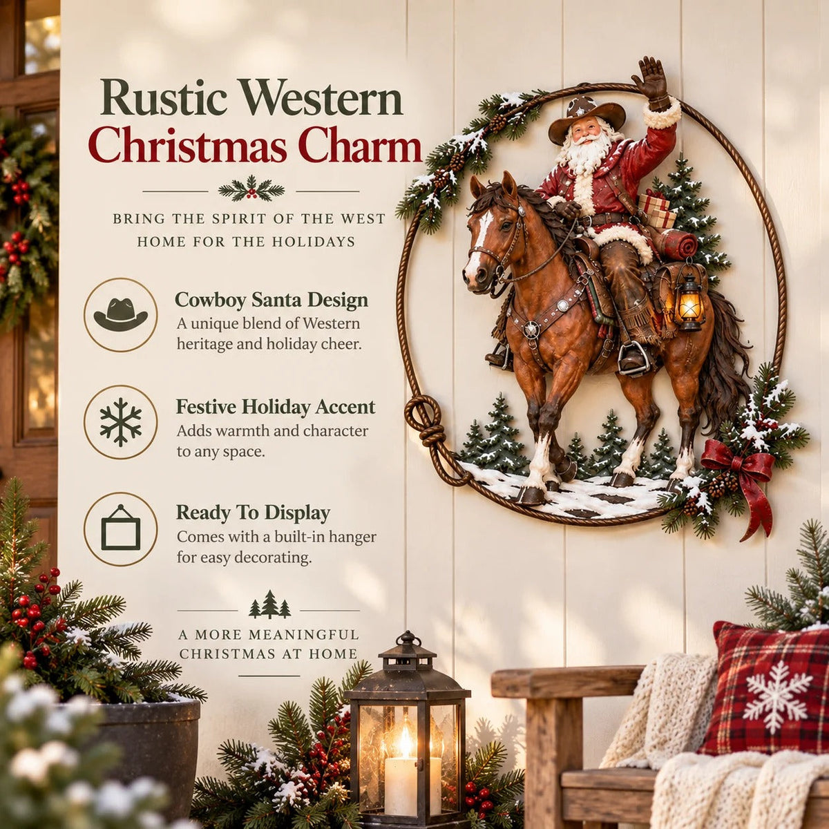 🔥Hot Sale🔥 - 🤠🐎 Cowboy Santa Ranch Christmas Wall Art – Rustic Horse & Lasso Holiday Accent