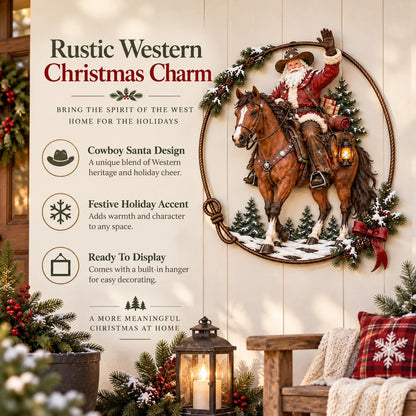 🔥Hot Sale🔥 - 🤠🐎 Cowboy Santa Ranch Christmas Wall Art – Rustic Horse & Lasso Holiday Accent
